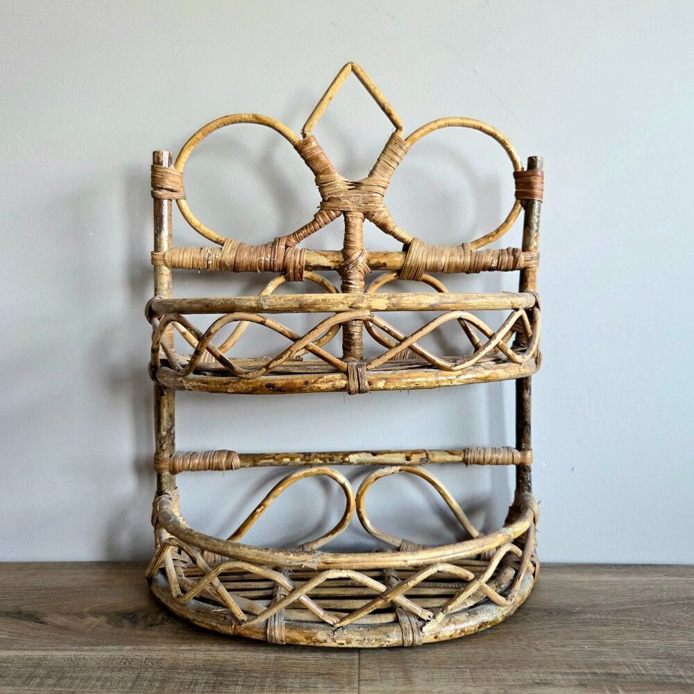 Vintage Midcentury Whimsical Rattan Wicker Boho Chic French Country Tiki Shelf